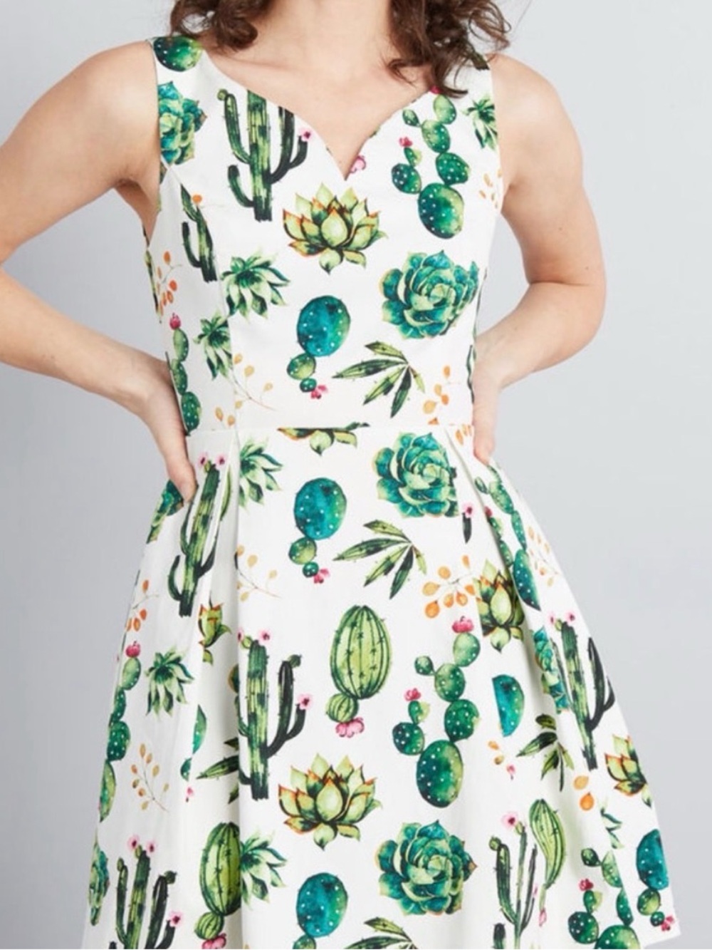 ModCloth - Ixia - White Cactus
Succulents Print Fit-and-Flare Dress with POCKETS - Picture 8 of 11